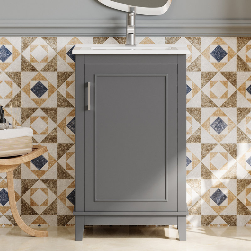 Petit meuble-lavabo moderne de 20 po avec lavabo en céramique et 1 porte à fermeture en douceur, Gris