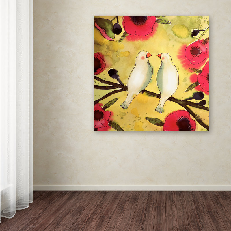 Sylvie Demers Pink Floral Canvas with White Birds, 14" x 14"