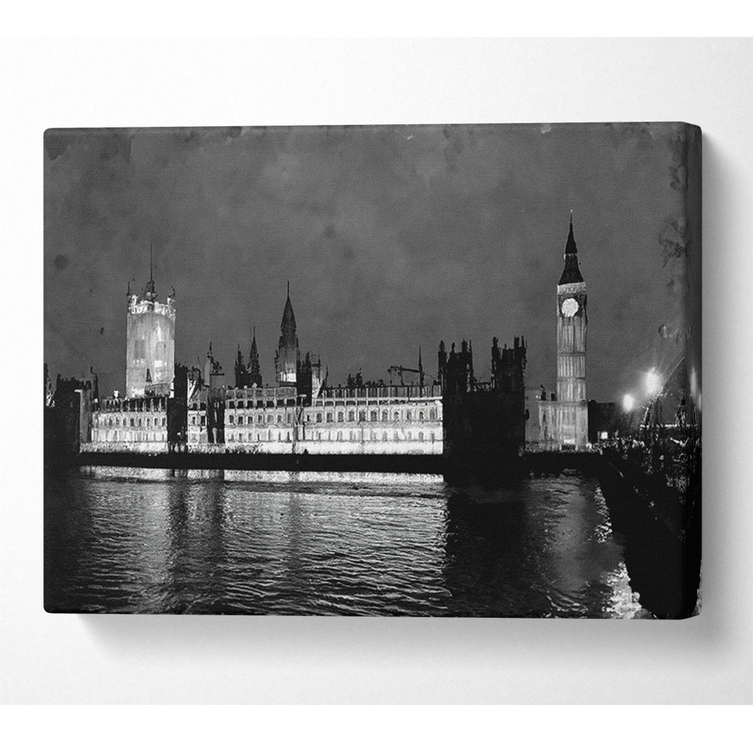 London Thames Houses Of Parliament B N W Night - Leinwanddrucke auf Leinwand