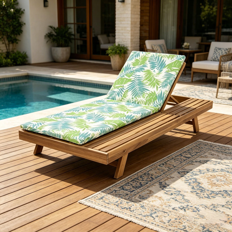 Acacia Wood Lounge Chaise With Water-Resistant Lounge Cushions, Leaf Coconut & 2 Inch Thick
