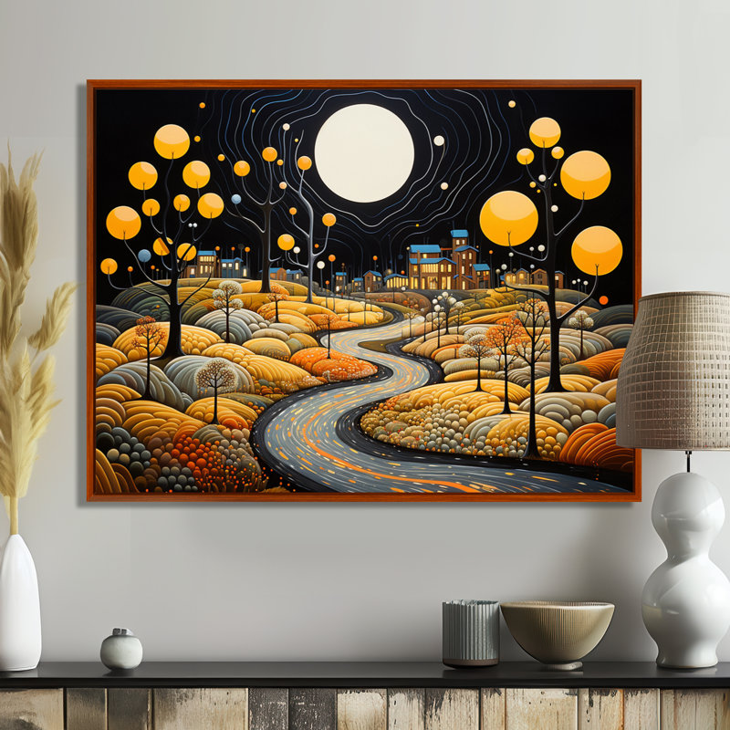«Yellow Trees Full Moon Country Road», art mural abstrait, Toile avec cadre flottant brun, H 30 po x l 40 po x P 1,5 po