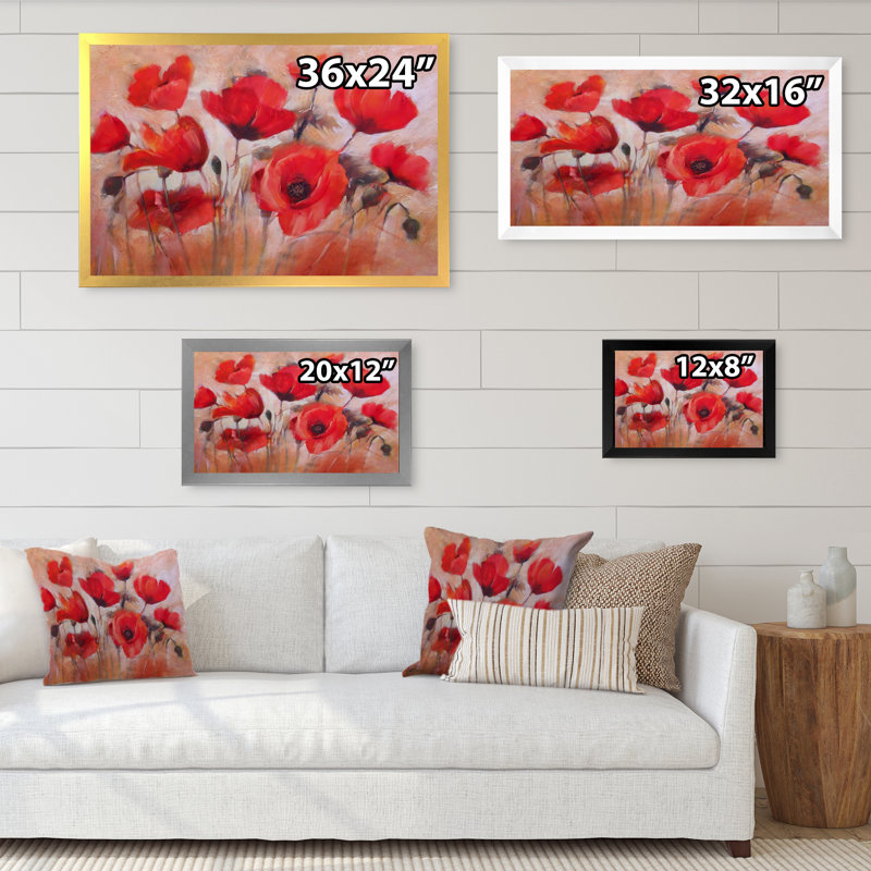 Red Blooming Poppies V - reproduction de cadre flottant sur toile, H 12 po x l 20 po x P 1 po, Cadre noir