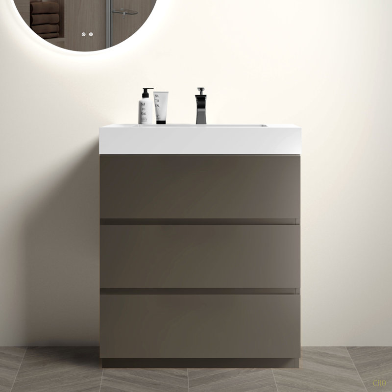Meuble-lavabo autoportant de 30 po avec lavabo, grand meuble-lavabo autoportant pour salle de bain moderne, lavabo une pièce sans drain ni robinet, pré-assemblé