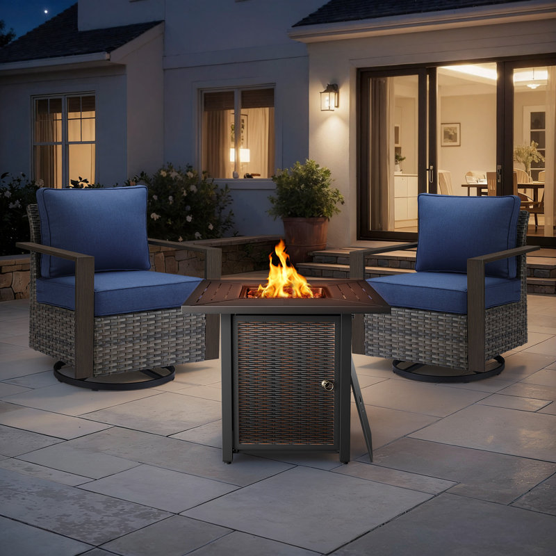 Drazen 2 - Person Patio Furniture Set With Fire Pit Table, All-Weather Wicker Outdoor Conversation Set With Chair And Thick Cushions