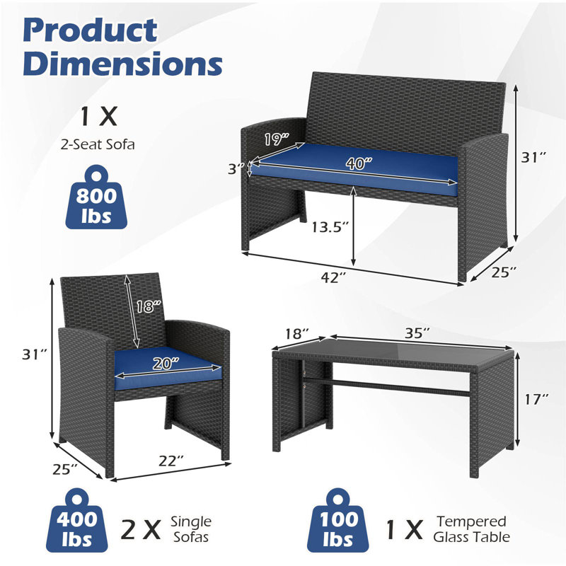 Set of 4 Patio Conversation Set w/Seat Cushions & Tempered Glass Tabletop Porch Outdoor, Navy
