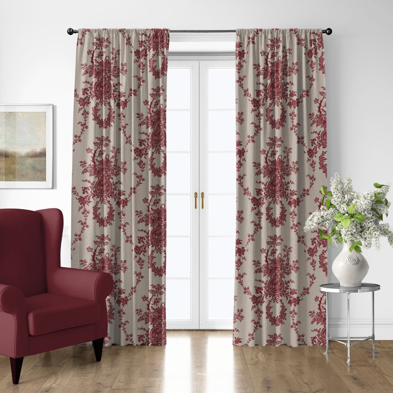 Country Lane Toile Crimson Cotton Simple Top Pocket Drapery Panel Set of 2, 50" W x 108" L