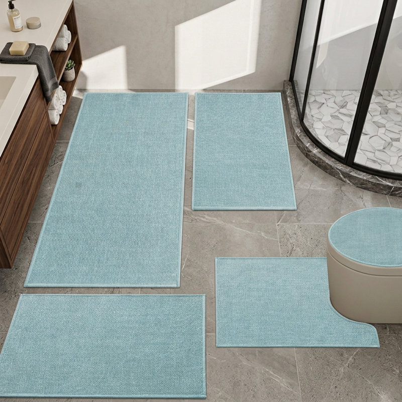 5 Piece Textured Linen-Look Bath Rug Set with Non-Slip Backing, Blue