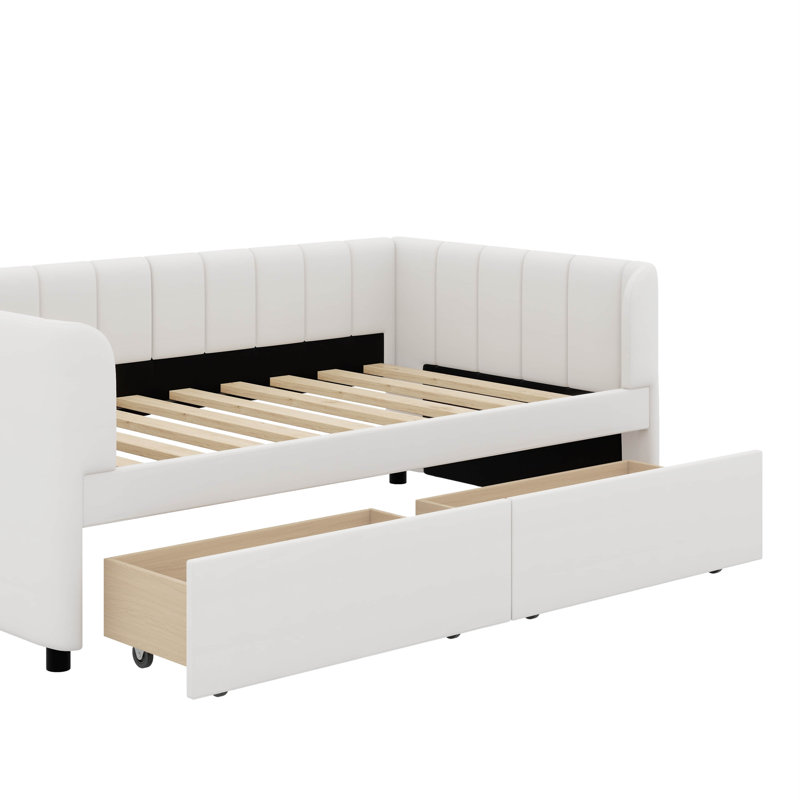 Lit de jour simple tapissier avec 2 tiroirs, Beige