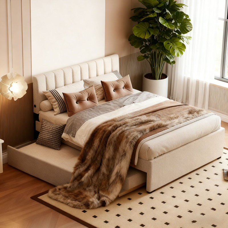 Lit plateforme tapissier Teddy, Beige, Double