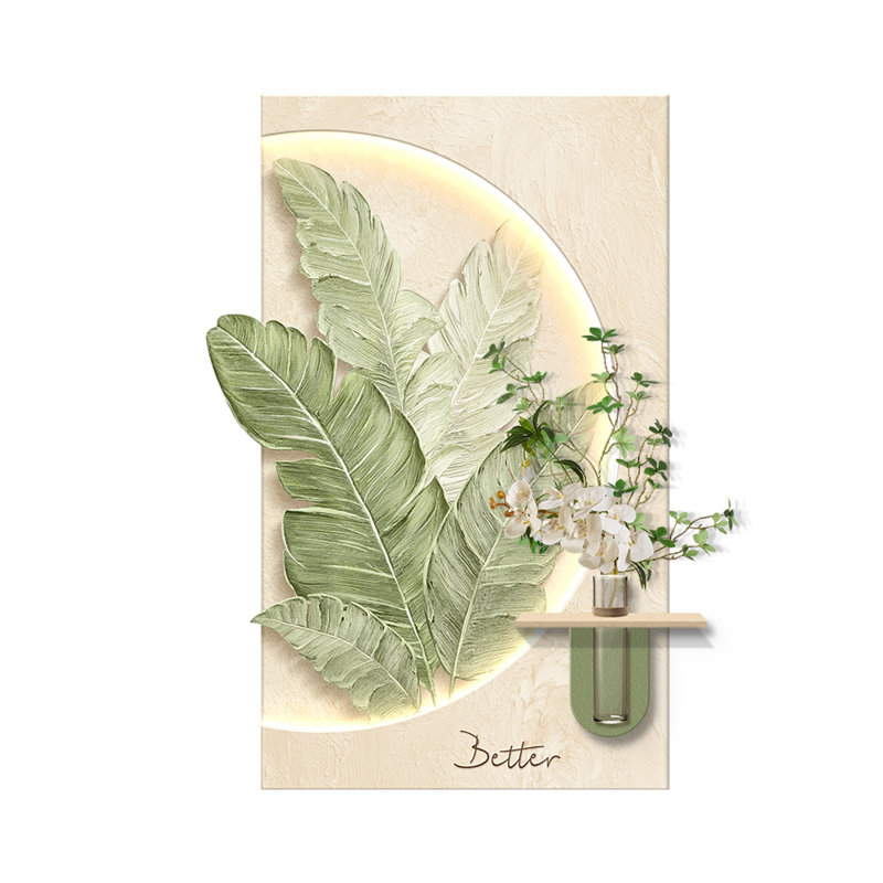 Décoration murale crème grès feuille tropicale avec lumière DEL et tablette d'entrée flottante