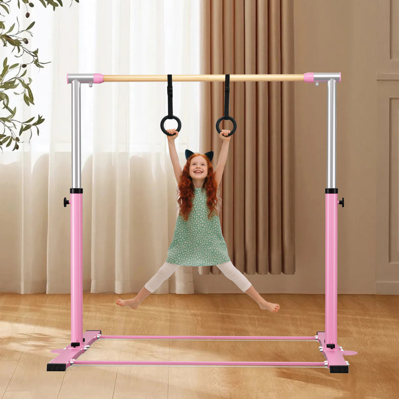 Barre Gymnastic Kip avec hauteur réglable de 3 à 5 pi - Équipement de gymnastique à domicile robuste, capacité de 301 lb, parfaite pour la pratique des compétences en intérieur, rose clair