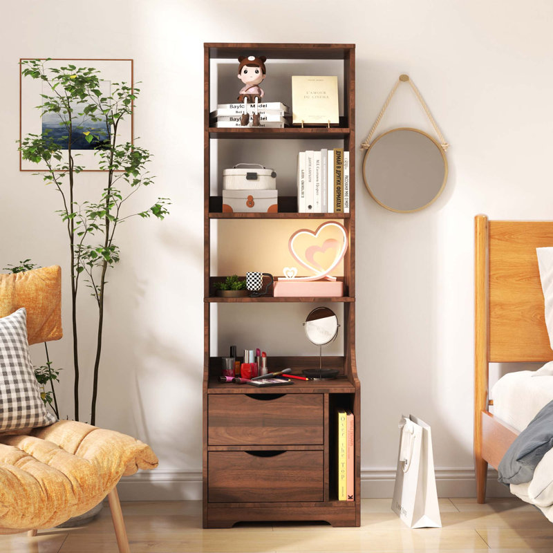 Table de chevet avec bibliothèque, table de chevet avec 2 tiroirs de rangement pour la chambre à coucher, Noyer