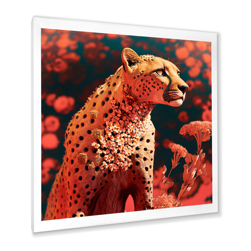 Guépard floral rose - imprimé, Cadre simple blanc, H 36 po x l 36 po x P 1,5 po