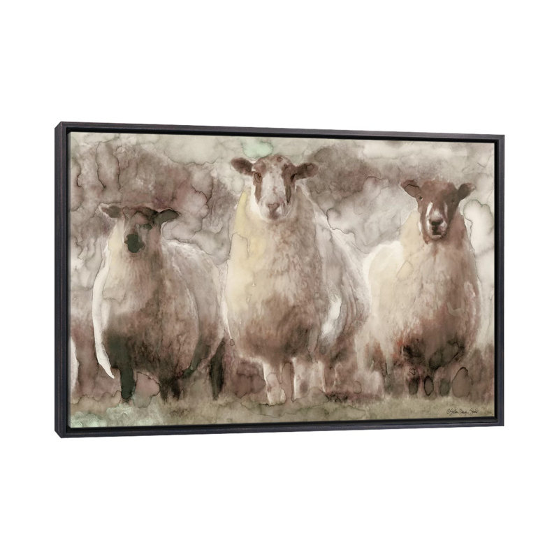 Trois moutons - reproduction d'art, H 26 po x l 40 po x 1,5 po, Toile avec cadre noir patiné