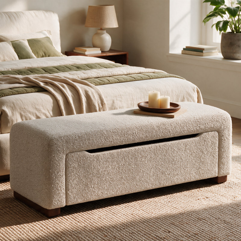 Banc de rangement rembourré bouclé de 47,2 po avec couvercle relevable et pieds en bois massif, Beige