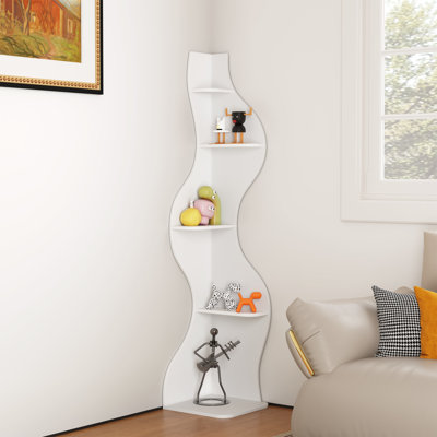Bibliothèque d'angle moderne, grande étagère d'angle à 5 niveaux pour les petits espaces, bibliothèque d'angle ondulée avec rangement, étagère en bois pour plantes, livres et décor, plusieurs couleurs et tailles (blanc)