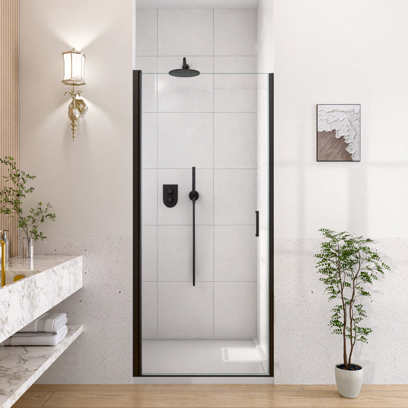 Porte de douche semi-pivotante 76 cm (L) x 183 cm (H) en verre trempé noir mat (6 mm d'épaisseur), pivot préassemblé, conception anti-fuite, ouverture de 6 mm pour un gain de place, poignée, joint magnétique