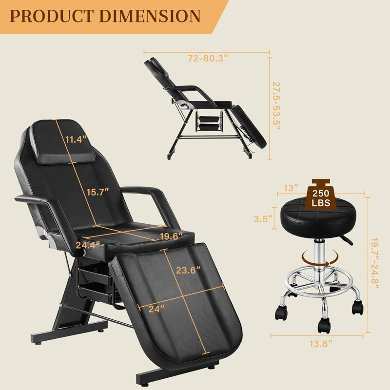 Fauteuil tatoo pour client, lit pour le visage avec tabouret hydraulique, table de massage Lash avec 2 plateaux, lit à cils noir polyvalent pour équipement de salon de beauté Spa, noir