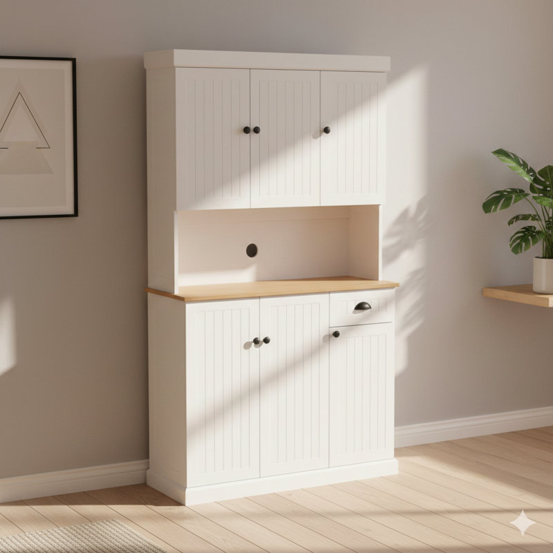 Armoire de rangement pour garde-manger de 71 pouces avec comptoir de four à micro-ondes, huche autonome avec tablettes réglables, six portes et un tiroir, en blanc