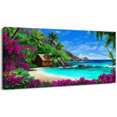  Art mural bord de mer, plage, palmier, toile de mer, décor de scène de plage tropicale