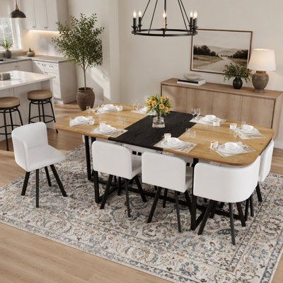 Ensemble de table de salle à manger 9 pièces avec plateau en grain de bois bicolore et 8 chaises en similicuir, parfait pour les réunions de famille et les cuisines modernes