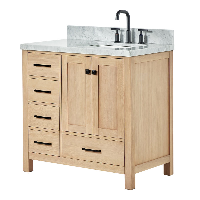 Cambridge 37'' W Single Vanity, Carrara Marble, Oak, Matte Black