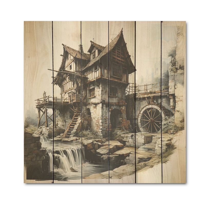 Dessin d'un conte de fées Mills I - Mills, art mural sur bois de pin naturel, H 30 po x l 30 po