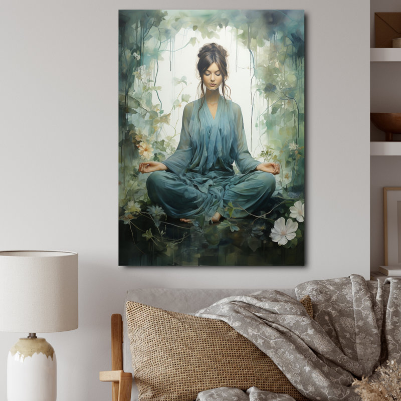 Sérénité intérieure bleu sarcelle et yoga, H 32 po x l 24 po x P 1 po