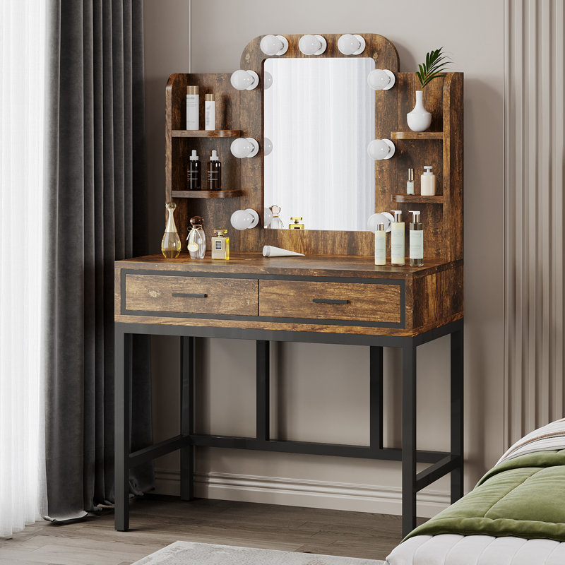 Coiffeuse avec miroir lumineux Thriston, Brun / noir
