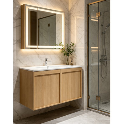 36" Floating Bathroom Vanity with Sink, Wall-Mounted Modern Light Oak Cabinet, Thin Edge Ceramic Basin, Soft-Close Doors, Spacious Storage, Easy Installation