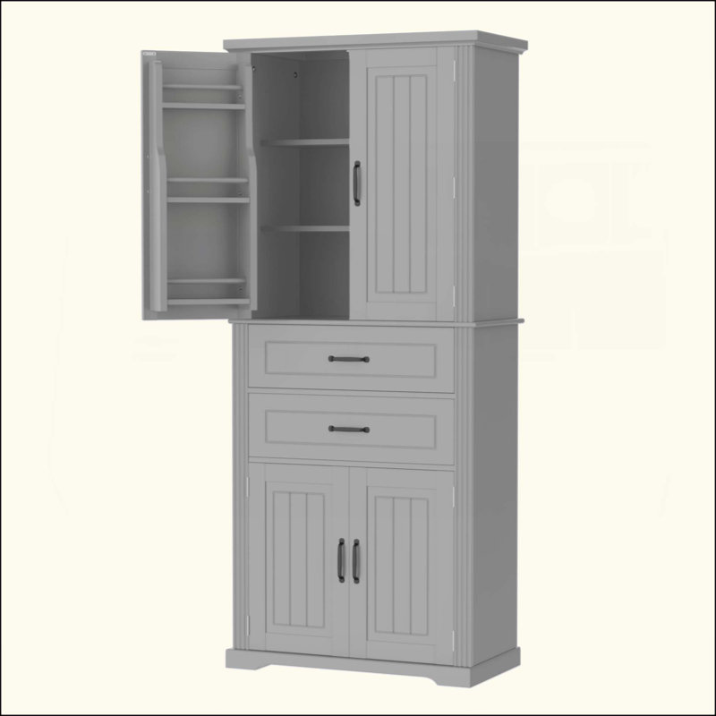 Storage Cabinet With Multi-Functional Storage Space, Doors With Storage Shelves, 2 Drawers, Adjustable Shelf, Gray