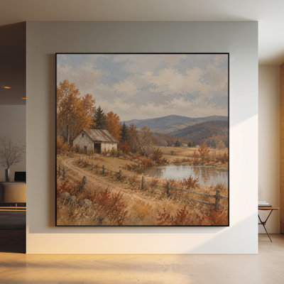 Impression sur tissu grand format - Décoration murale d'automne : grange champêtre avec étang et vue sur les montagnes, idéale pour le salon ou la chambre - « Assemblage du cadre requis (cadre inachevé) »