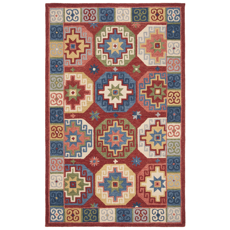 Vahakn Hand Tufted Wool/Cotton Southwestern Rug in Blue/Red, Rectangle 6' x 9'