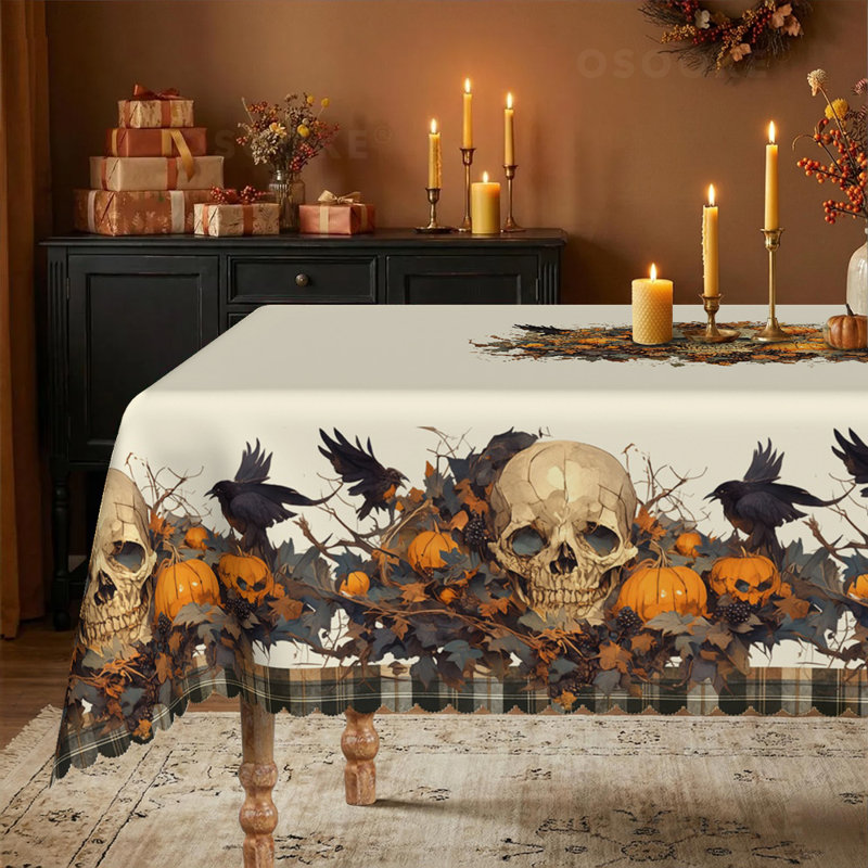 Nappe vintage d'Halloween à motif crâne et citrouille, nappe rustique à carreaux d'automne, Round-60in