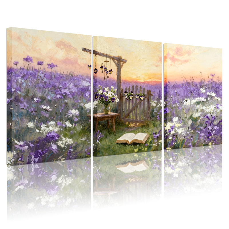 Assortiment de bouquets de fleurs, champ de lavande, ensemble de 3 livres sur toile, H 24 po x l 48 po