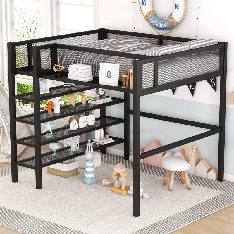 Lit mezzanine en métal avec tablettes à 4 niveaux et rangement, parfait pour économiser de l'espace, Noir