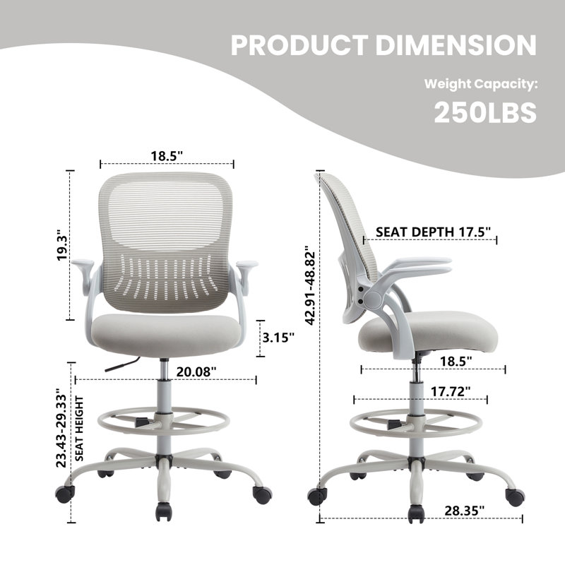 Nenney Ergonomic Mesh and Metal Drafting Chair with Adjustable Footrest, Gray, Gray