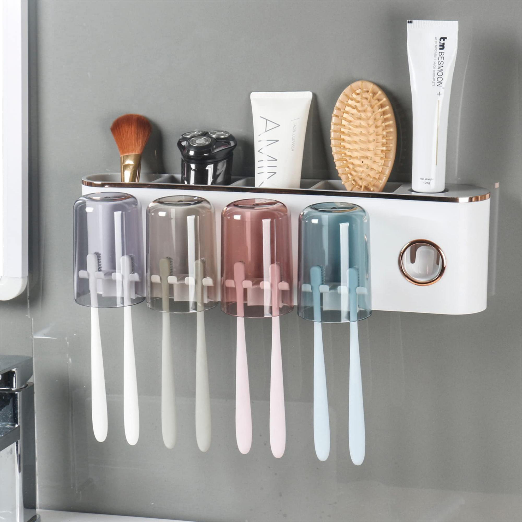Toothbrush Holders with Toothpaste Dispenser Wall Mounted for Bathroom-4  Cups Automatic Electric Tooth Pastetooth Squeezer-Bathroom Organizer  Storage