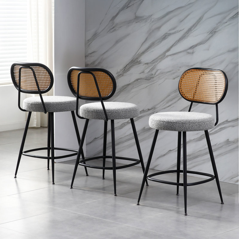 Tabouret de comptoir avec dossier en rotin, Gris, 3