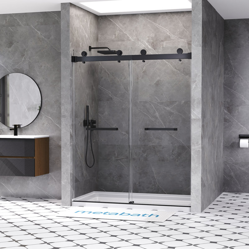 Porte de douche coulissante double sans cadre de 56 à 60 po x H 76 po avec verre trempé transparent de 3/8 po (10 mm), Noir
