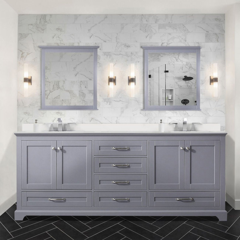 Meuble-lavabo double gris foncé 80 po X P 22 po D, plateau en quartz blanc et Miroirs, Gris foncé