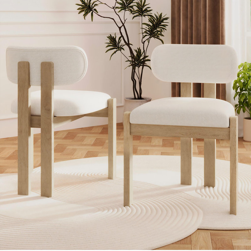 Boucle Upholstered Side Chair in Beige, 2, Natural Wood
