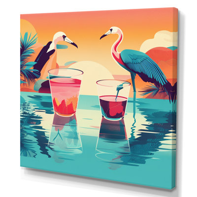 Flamants bleus et roses dans la mer au coucher du soleil sur toile