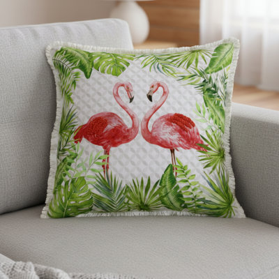 20" Off White Pink And Green Flamingo Throw Pillow Cover with Fringe