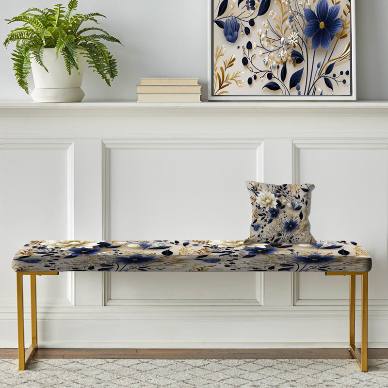 Floral Upholstered Gold Bench, Tranquil White Floral Abundance Zen