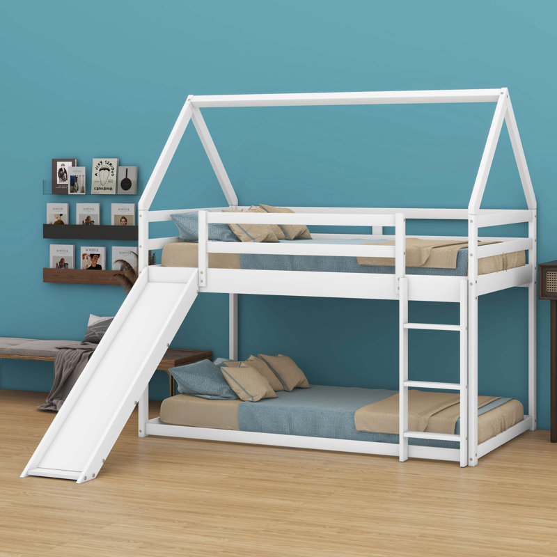 Twin Size Space-Saving Wooden House-Shaped Bunk Bed With Full-Length Guardrail, Slide And Ladder, White