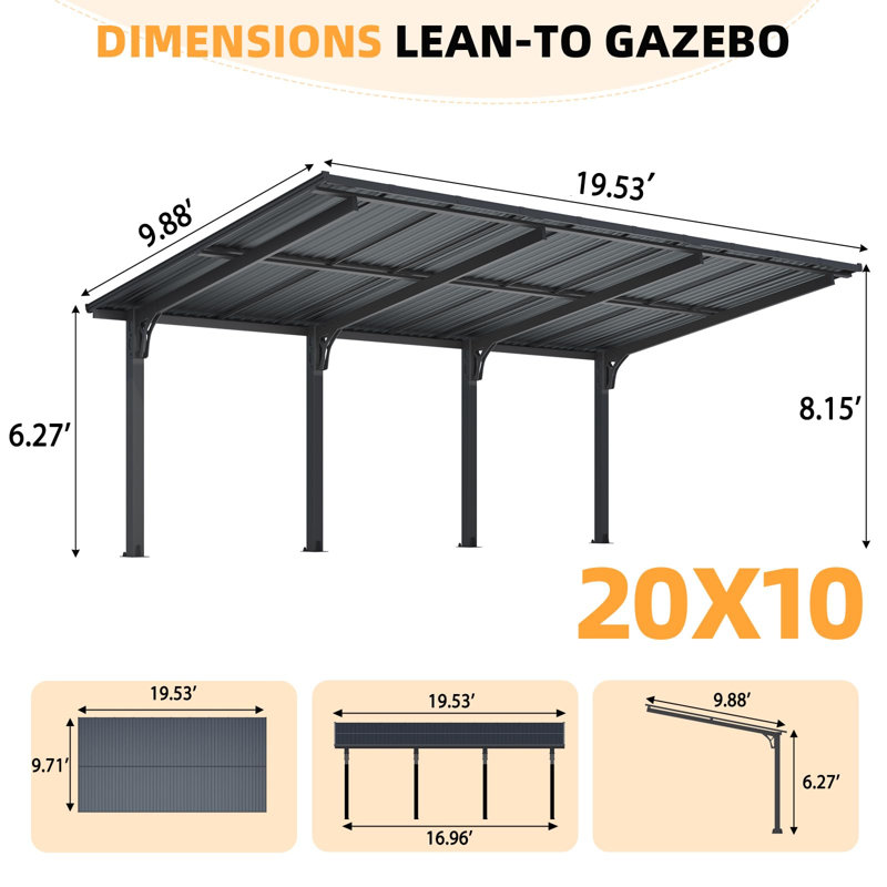 Abri d'auto extérieur en métal pour terrasse, H 98 po x l 234,4 po x P 118,6 po