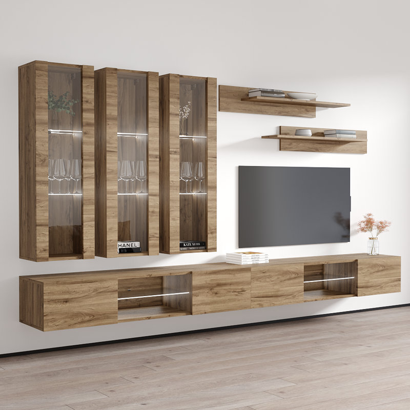 Ballina 126" Modern Floating Wall Mounted Entertainment Center with 16-Color LED Lighting, High Gloss Finish, Oak