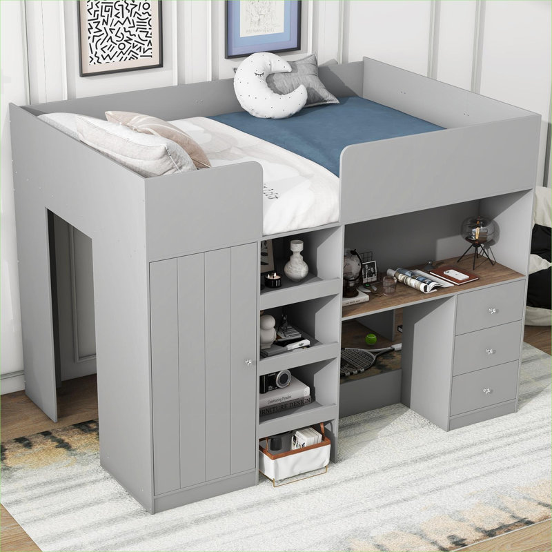 Lit plateforme mezzanine pleine grandeur, gris neutre en bois massif, poste de travail de rangement tout-en-un pour les chambres à coucher