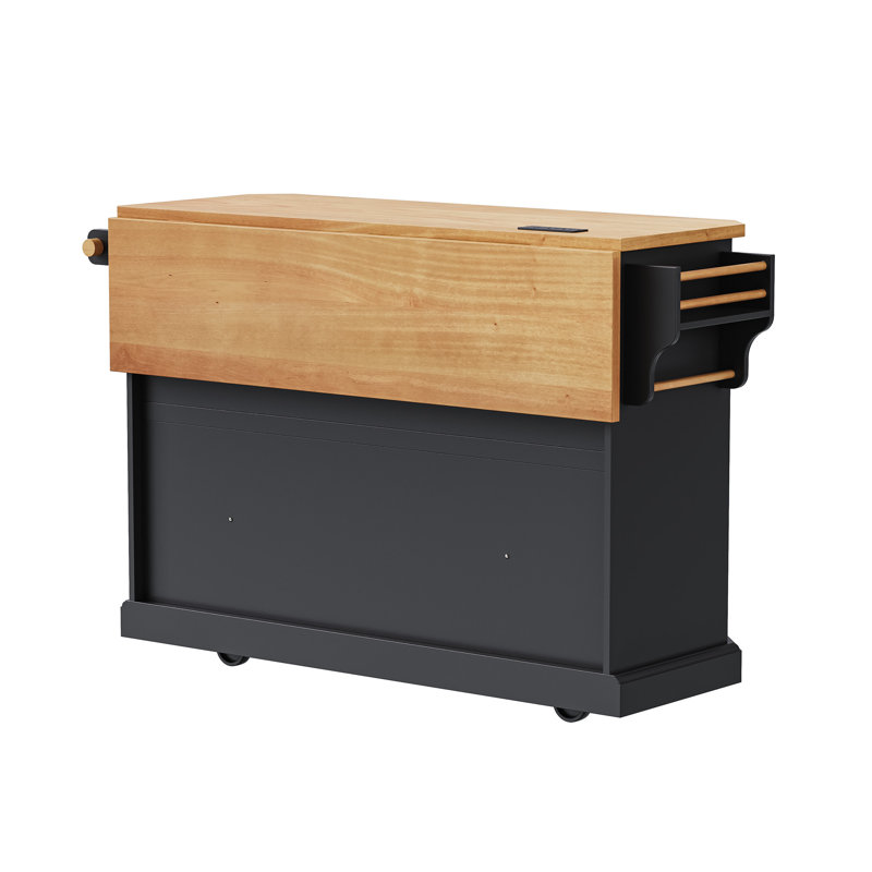 56'' Farmhouse Rolling Kitchen Island with Drop Leaf and Built-in Power Outlet,, Black